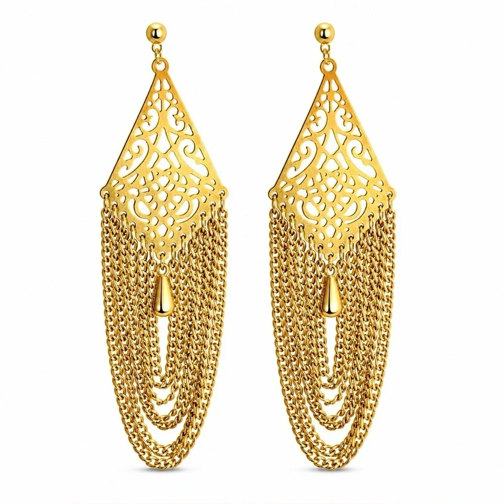 Vintage Gold Filigree Fringe Chandelier Earrings Boho Statement Gold Earrings - Picture 1 of 5